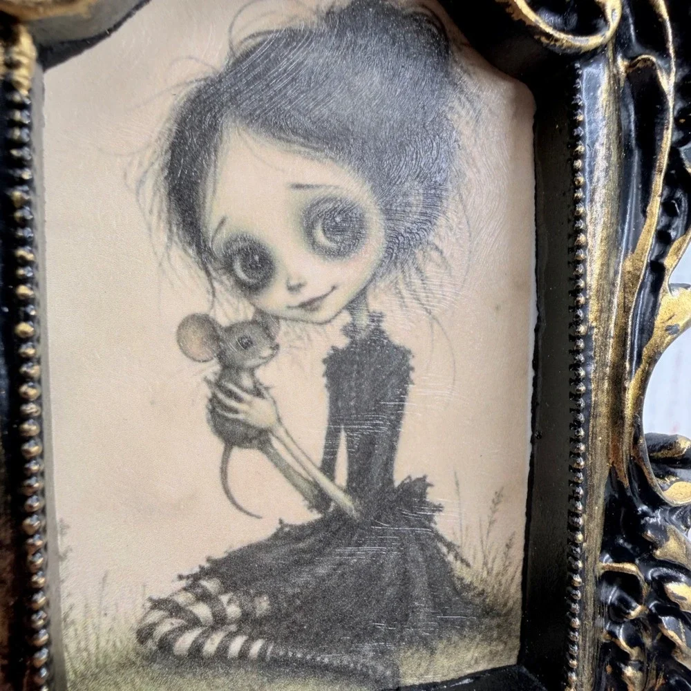 Gothic Big Eyed Girl with Mouse Decoupage Art Ornate Gold Resin Frame